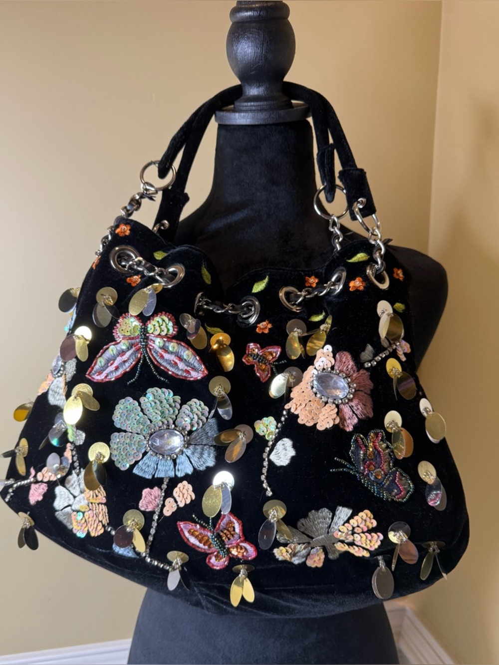 Butterfly Black Velvet  Shoulder Bag with Lush Embellishments & Silver Hardware